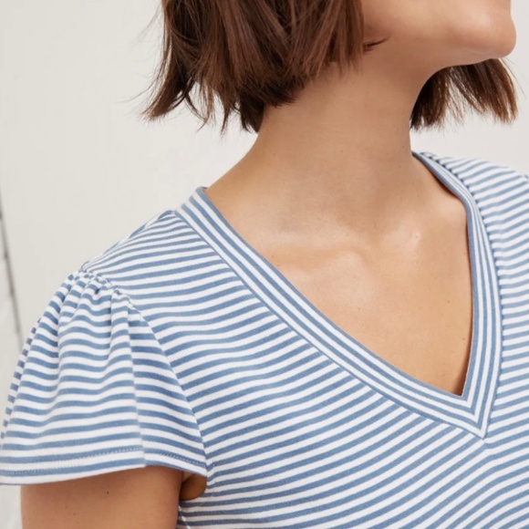 💙 Cotton Mini Rib Flutter Sleeve Tee | UpWest | Blue Stripe | NWT - Picture 3 of 9